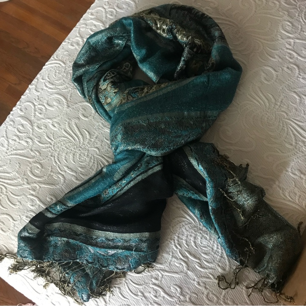 Teal and Black Paisley Shawl / Scarf